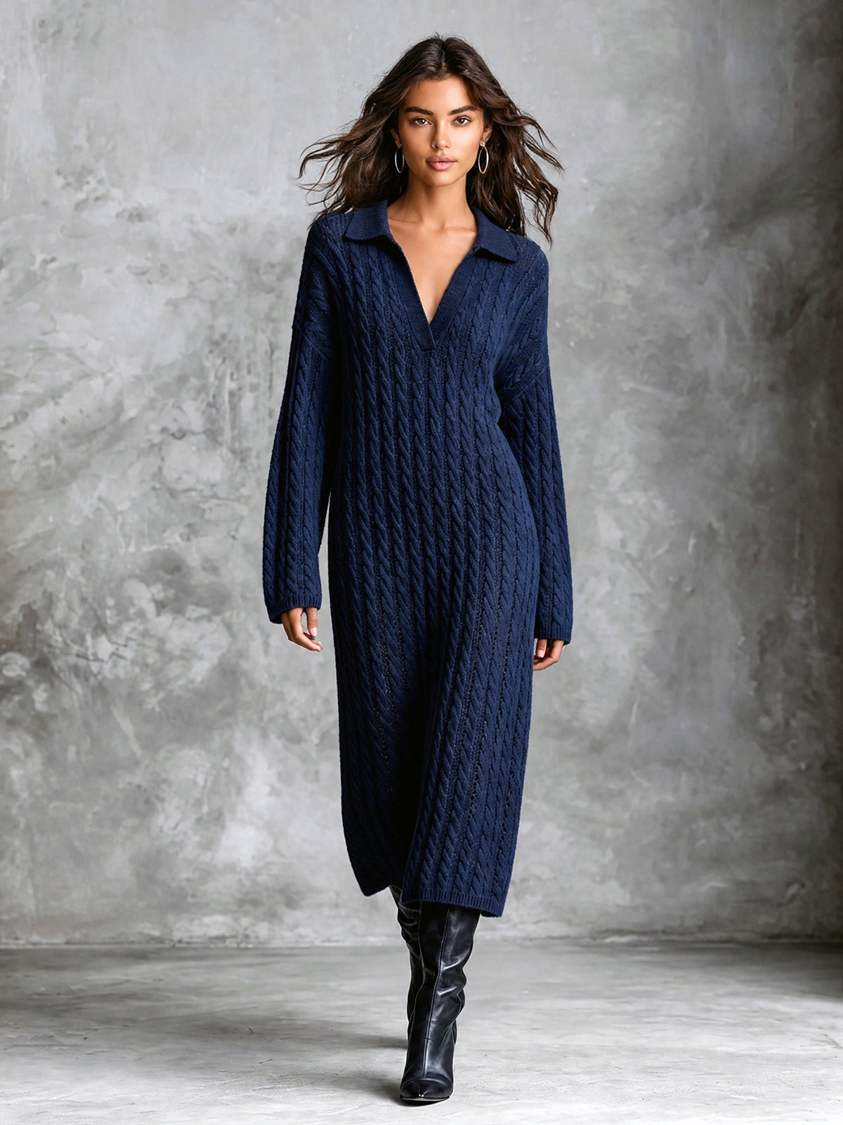 ElevenOra Chic Elegant Navy Blue Lapel V-Neck Dropped-Shoulder Long‑Sleeve Loose-Fit Wool Blend Cable Knit Midi Dress