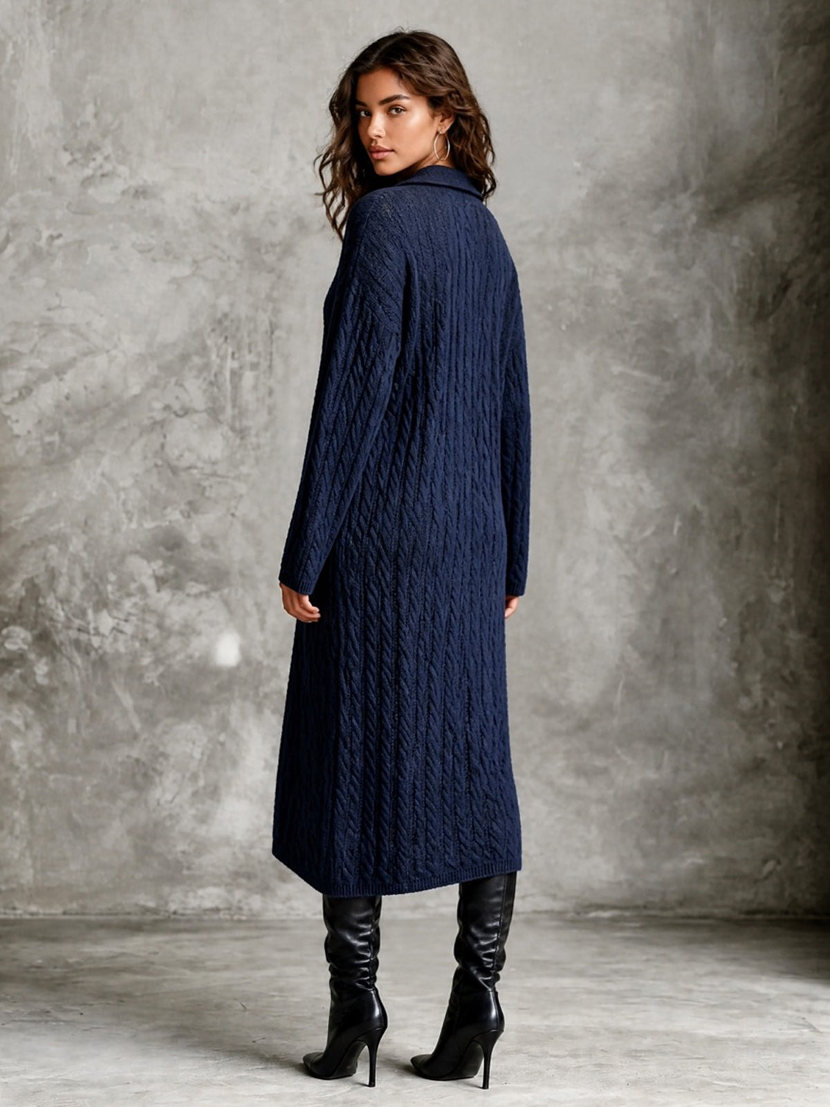 ElevenOra Chic Elegant Navy Blue Lapel V-Neck Dropped-Shoulder Long‑Sleeve Loose-Fit Wool Blend Cable Knit Midi Dress