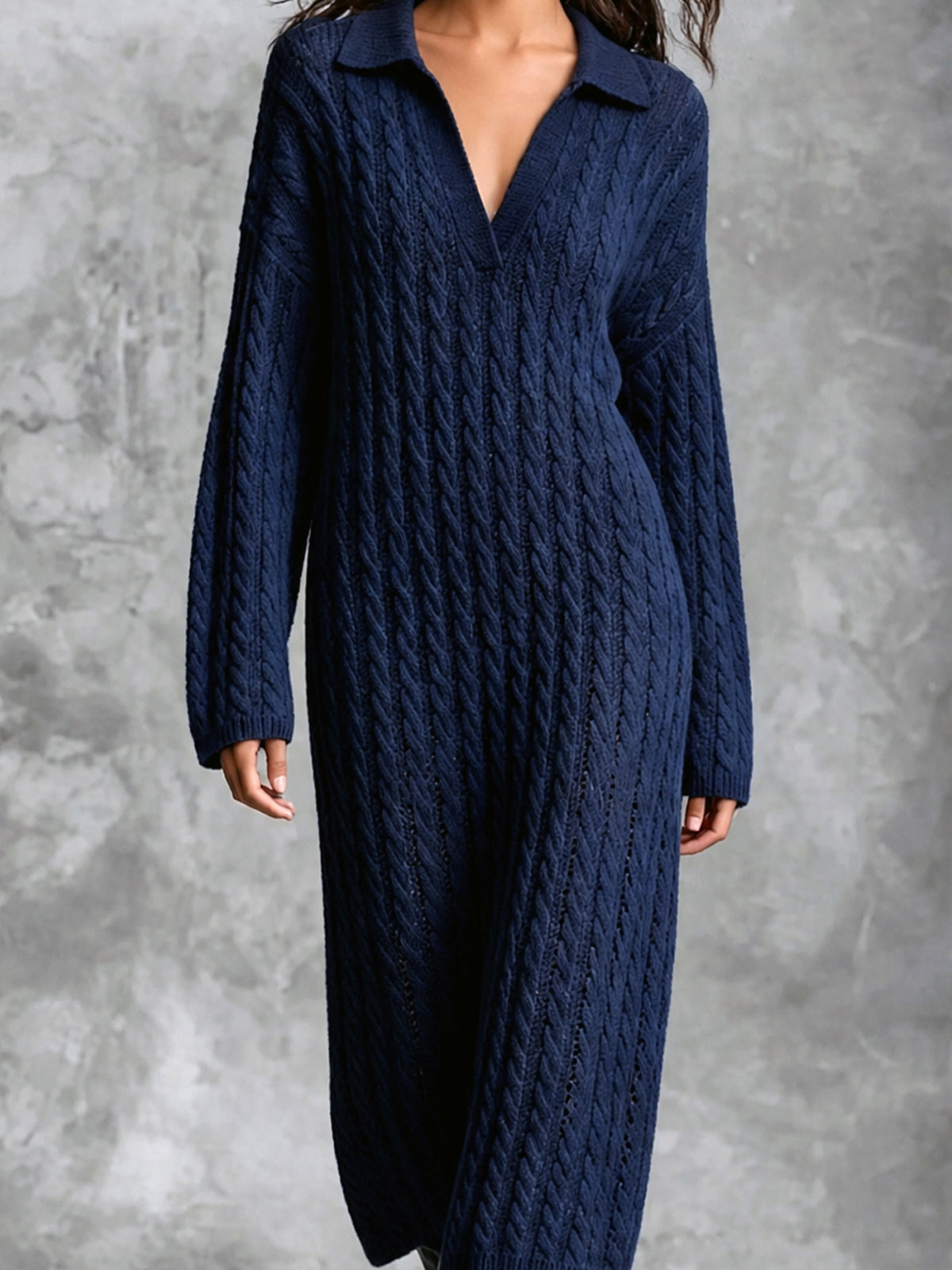 ElevenOra Chic Elegant Navy Blue Lapel V-Neck Dropped-Shoulder Long‑Sleeve Loose-Fit Wool Blend Cable Knit Midi Dress