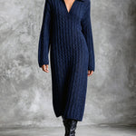 ElevenOra Chic Elegant Navy Blue Lapel V-Neck Dropped-Shoulder Long‑Sleeve Loose-Fit Wool Blend Cable Knit Midi Dress