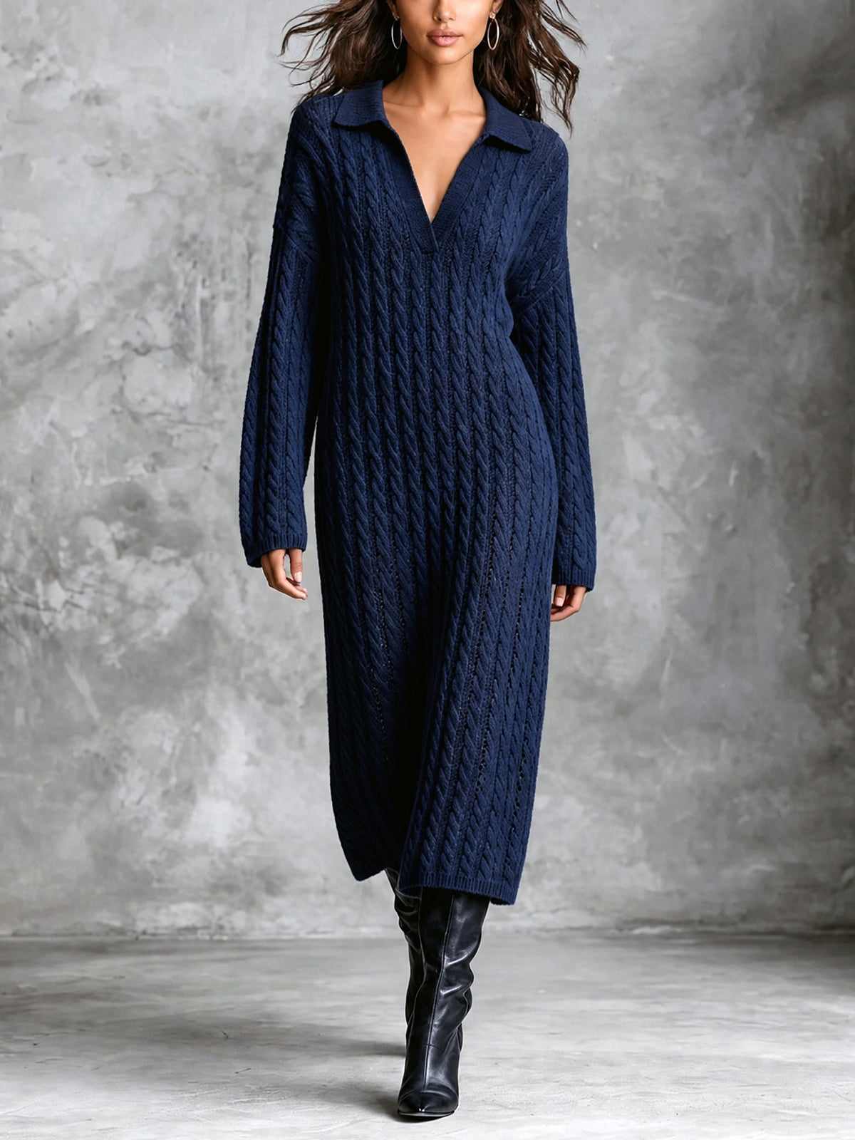 ElevenOra Chic Elegant Navy Blue Lapel V-Neck Dropped-Shoulder Long‑Sleeve Loose-Fit Wool Blend Cable Knit Midi Dress