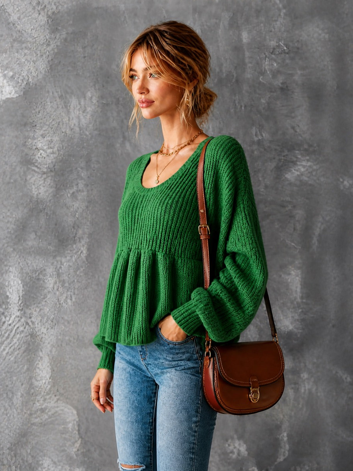ElevenOra Chic Casual Green Round-Neck Long‑Lantern-Sleeve Loose-Fit Ruched Hem A-Line Wool Blend Knit Sweater