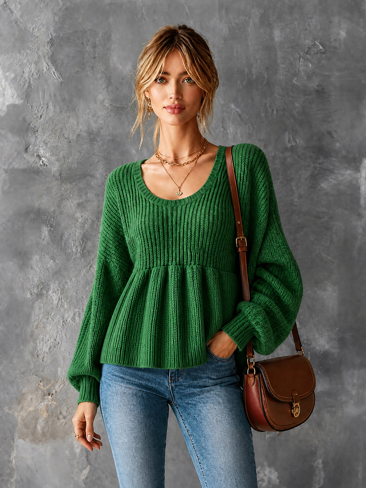 ElevenOra Chic Casual Green Round-Neck Long‑Lantern-Sleeve Loose-Fit Ruched Hem A-Line Wool Blend Knit Sweater