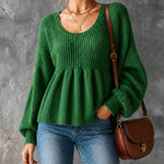 ElevenOra Chic Casual Green Round-Neck Long‑Lantern-Sleeve Loose-Fit Ruched Hem A-Line Wool Blend Knit Sweater