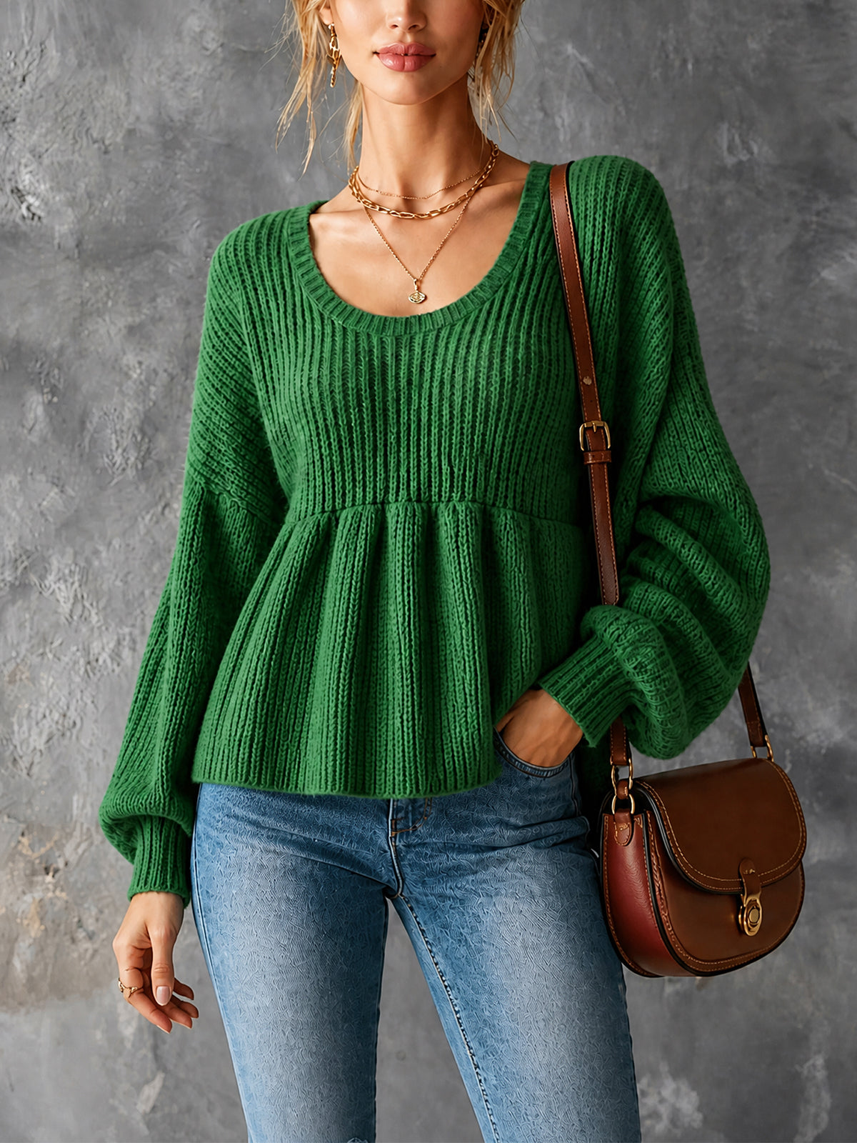 ElevenOra Chic Casual Green Round-Neck Long‑Lantern-Sleeve Loose-Fit Ruched Hem A-Line Wool Blend Knit Sweater