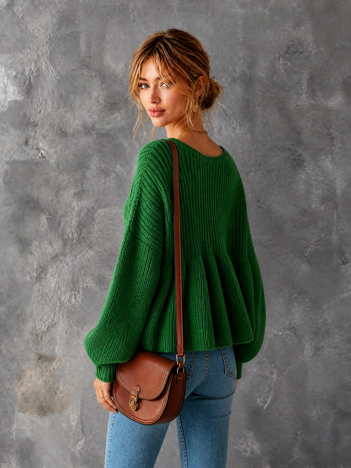 ElevenOra Chic Casual Green Round-Neck Long‑Lantern-Sleeve Loose-Fit Ruched Hem A-Line Wool Blend Knit Sweater