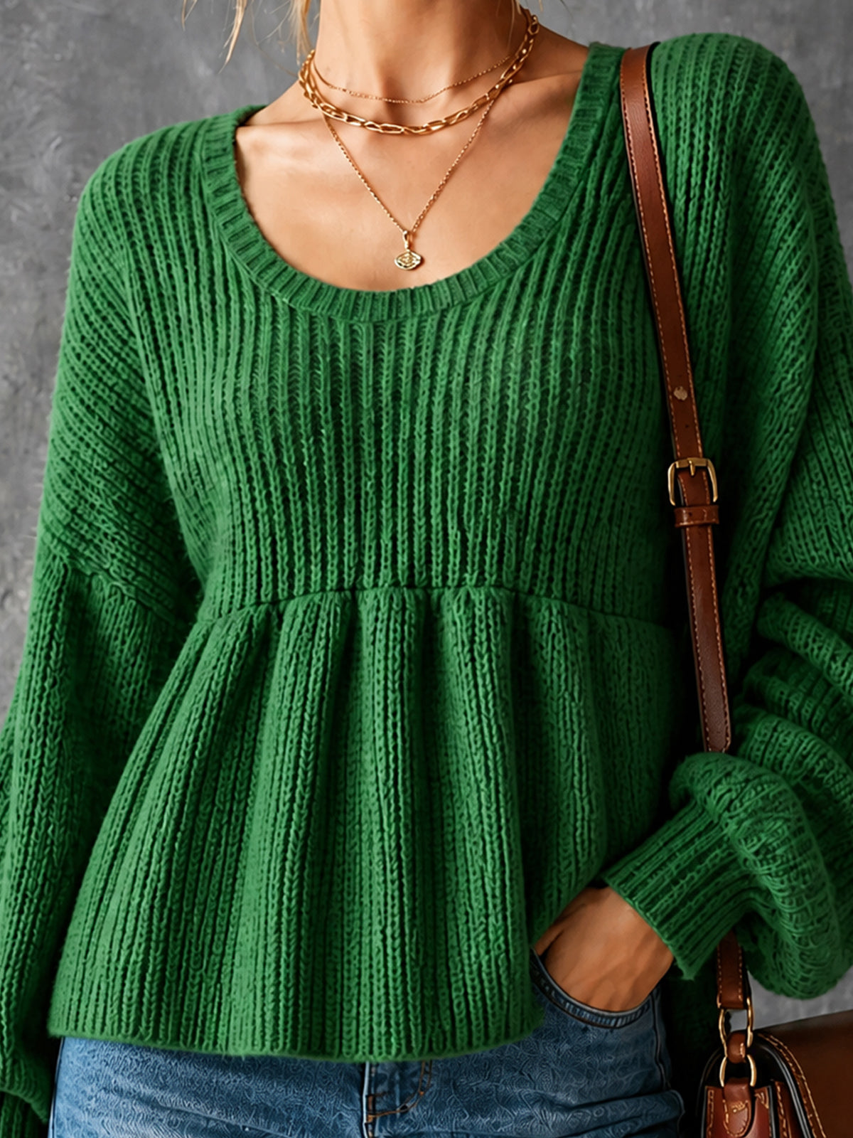 ElevenOra Chic Casual Green Round-Neck Long‑Lantern-Sleeve Loose-Fit Ruched Hem A-Line Wool Blend Knit Sweater