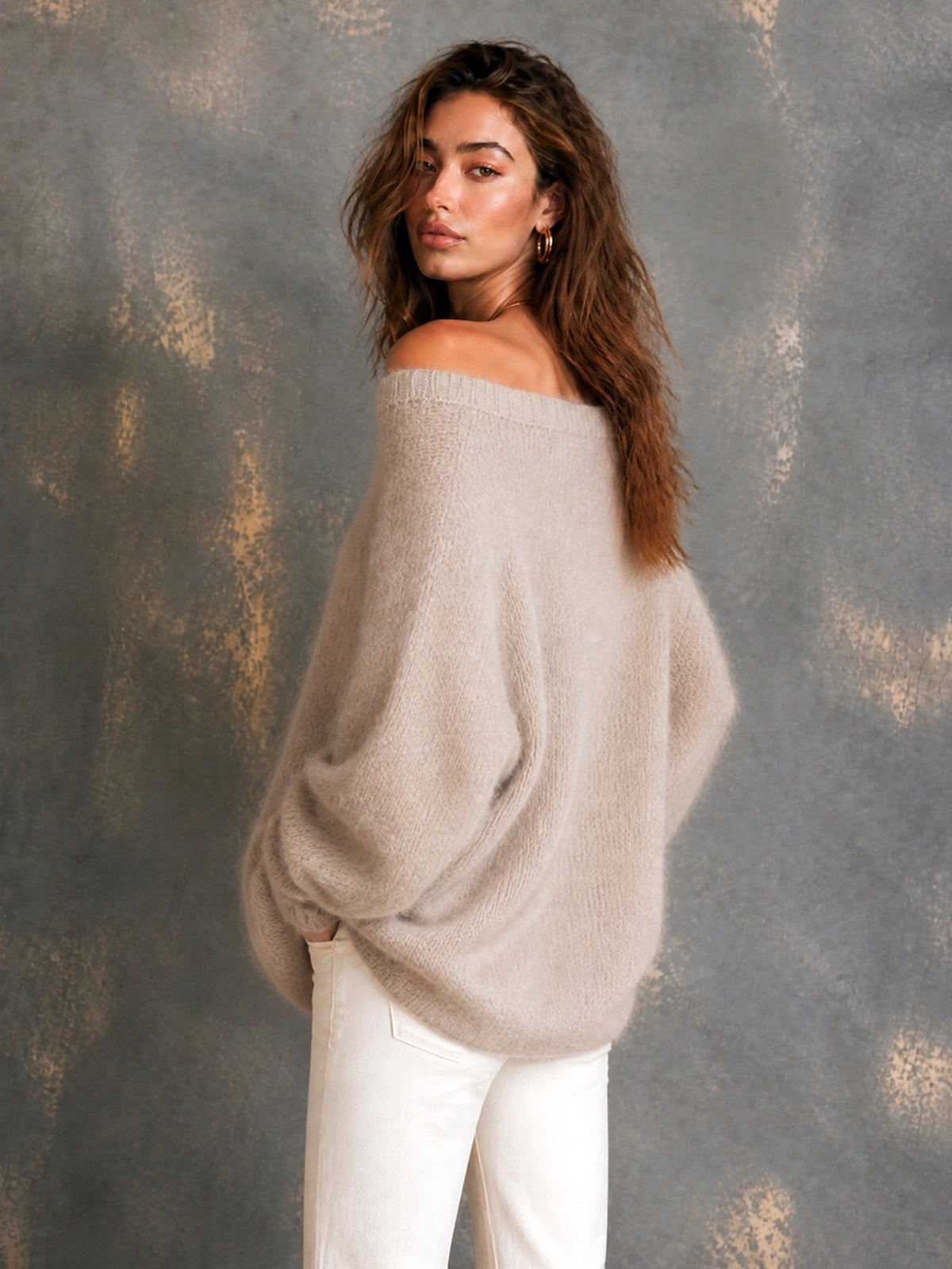 ElevenOra Chic Elegant Oatmeal Off-The-Shoulder Dropped-Shoulder Long‑Sleeve Loose-Fit Soft Mohair Blend Knit Sweater