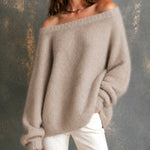 ElevenOra Chic Elegant Oatmeal Off-The-Shoulder Dropped-Shoulder Long‑Sleeve Loose-Fit Soft Mohair Blend Knit Sweater