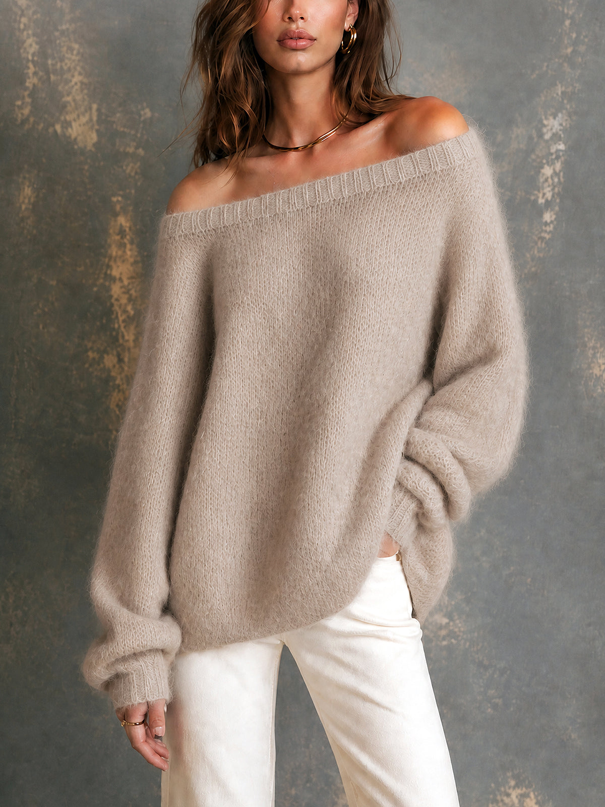 ElevenOra Chic Elegant Oatmeal Off-The-Shoulder Dropped-Shoulder Long‑Sleeve Loose-Fit Soft Mohair Blend Knit Sweater
