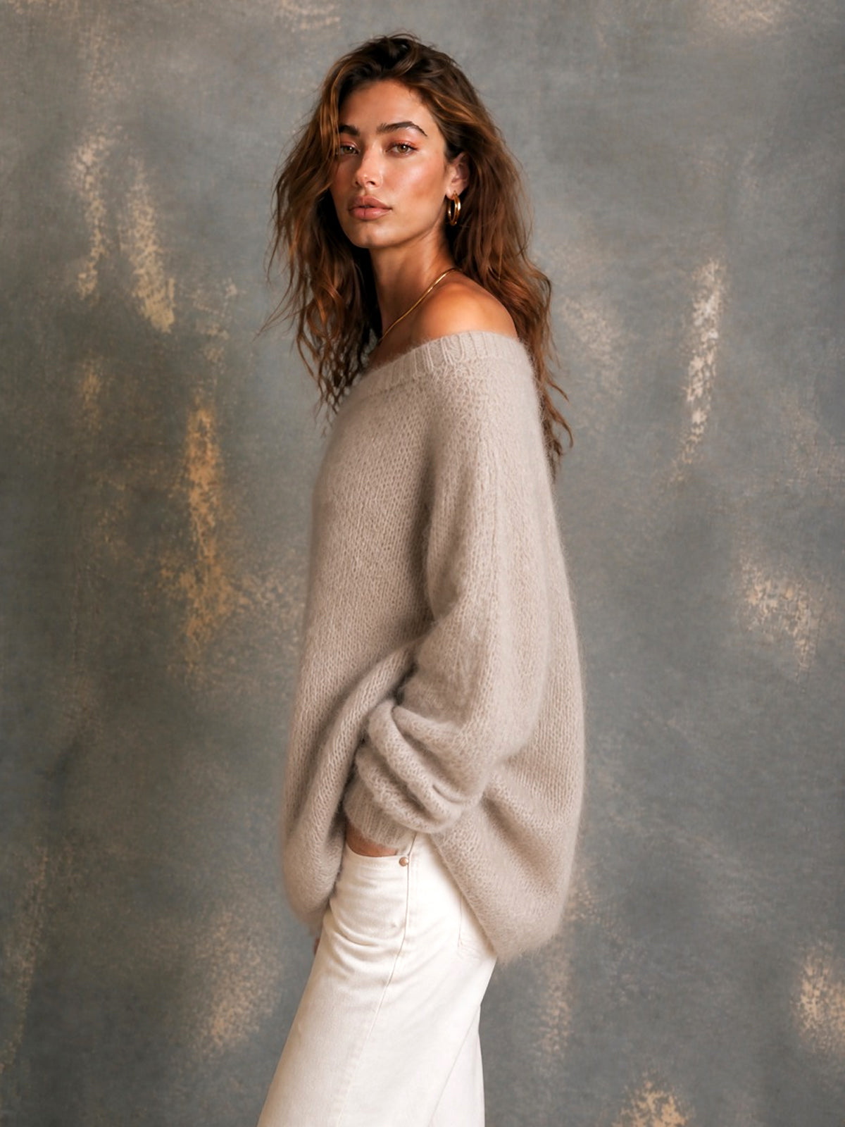ElevenOra Chic Elegant Oatmeal Off-The-Shoulder Dropped-Shoulder Long‑Sleeve Loose-Fit Soft Mohair Blend Knit Sweater