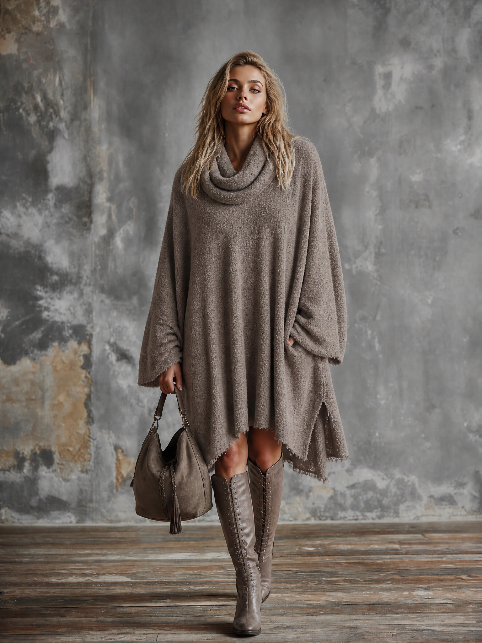 ElevenOra Chic Elegant Taupe Cowl Neck Long-Sleeve Frayed Raw Hem Loose-Fit Side-Slit Knit Midi Dress