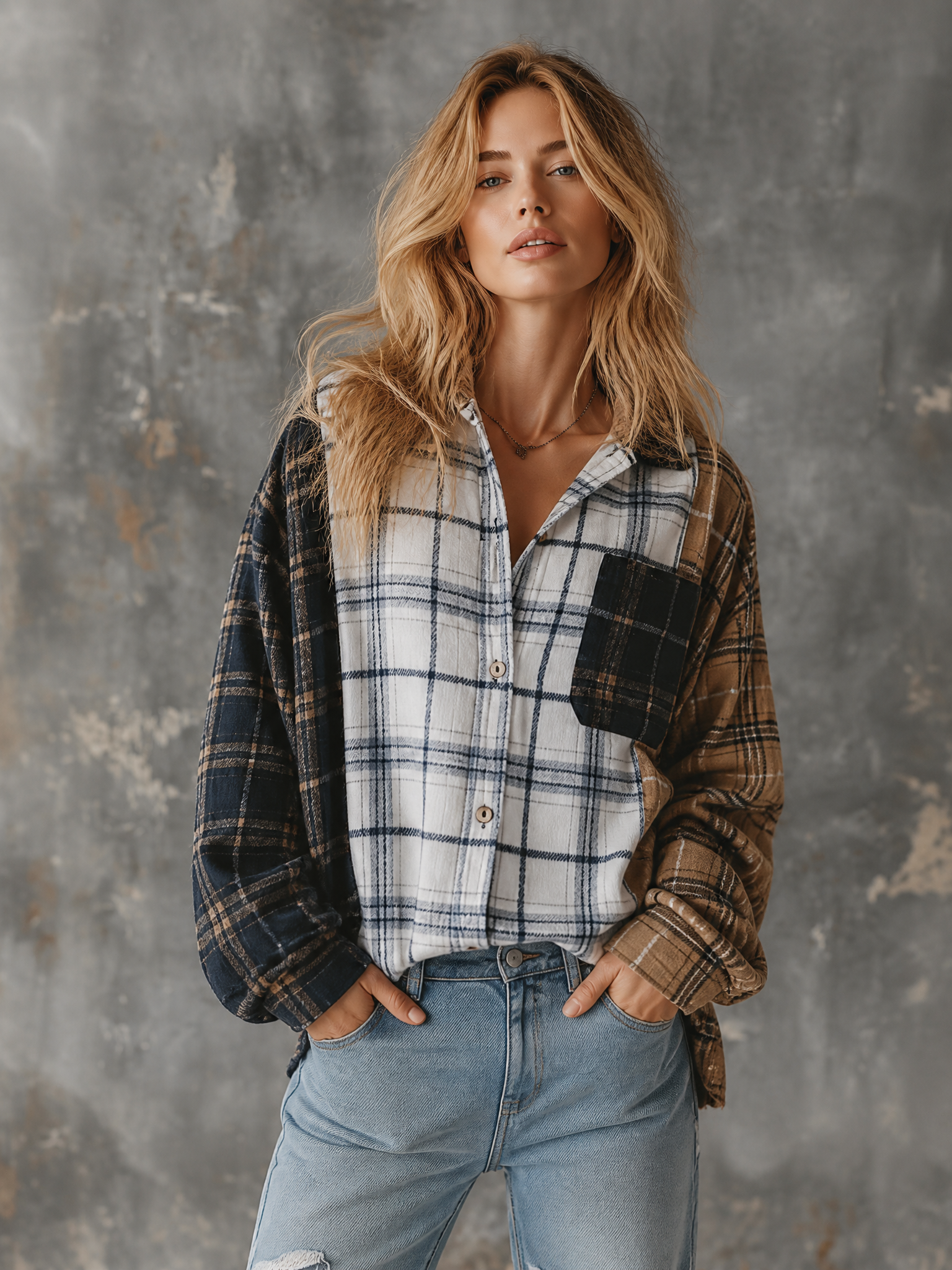 ElevenOra Chic Casual Multi Plaid Colorblock Lapel Collar Single-Breasted Dropped-Shoulder Long‑Sleeve Patch Pocket Loose-Fit Flannel Shirt