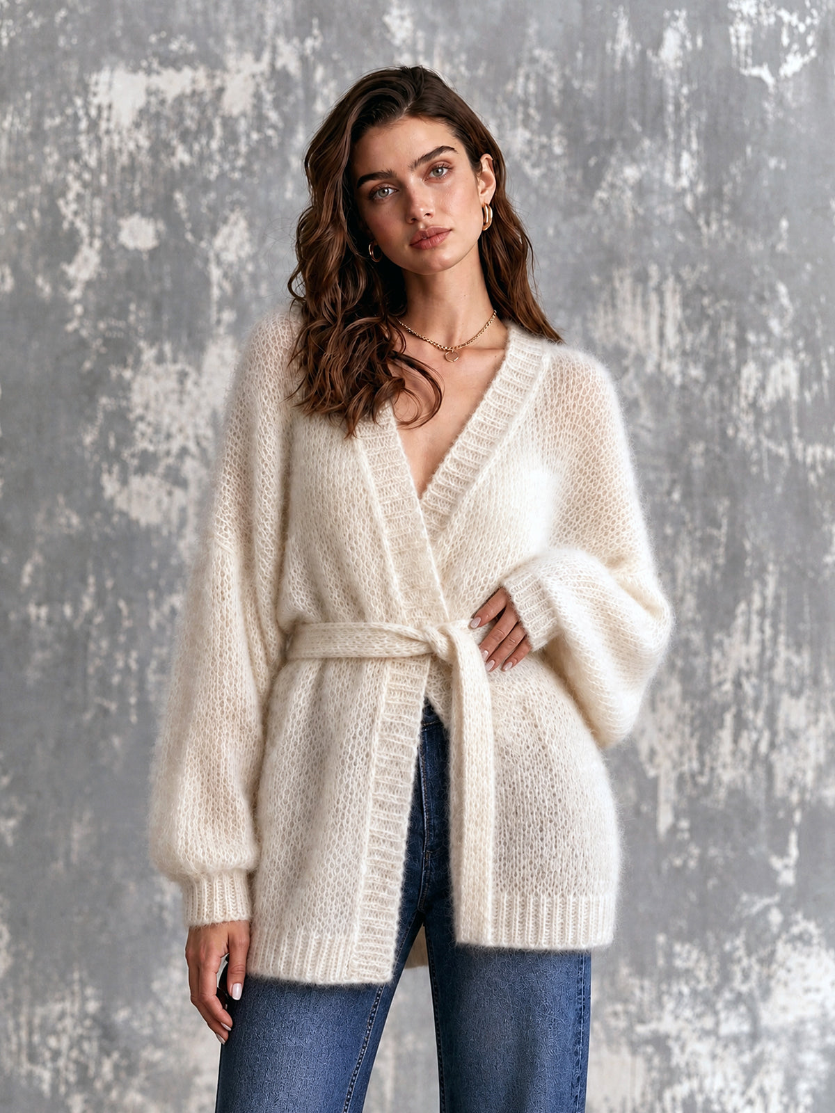ElevenOra Chic Elegant Cream White Long‑Sleeve Open-Front Loose-Fit Belted Soft Mohair Blend Knit Cardigan