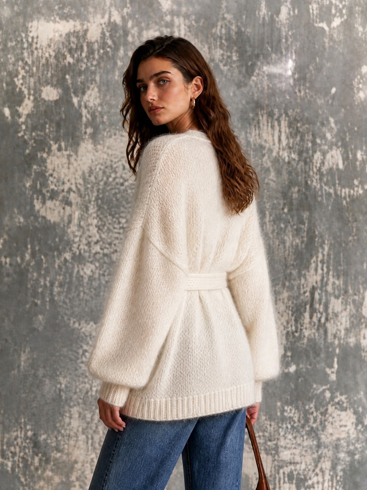 ElevenOra Chic Elegant Cream White Long‑Sleeve Open-Front Loose-Fit Belted Soft Mohair Blend Knit Cardigan