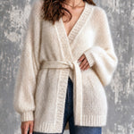 ElevenOra Chic Elegant Cream White Long‑Sleeve Open-Front Loose-Fit Belted Soft Mohair Blend Knit Cardigan