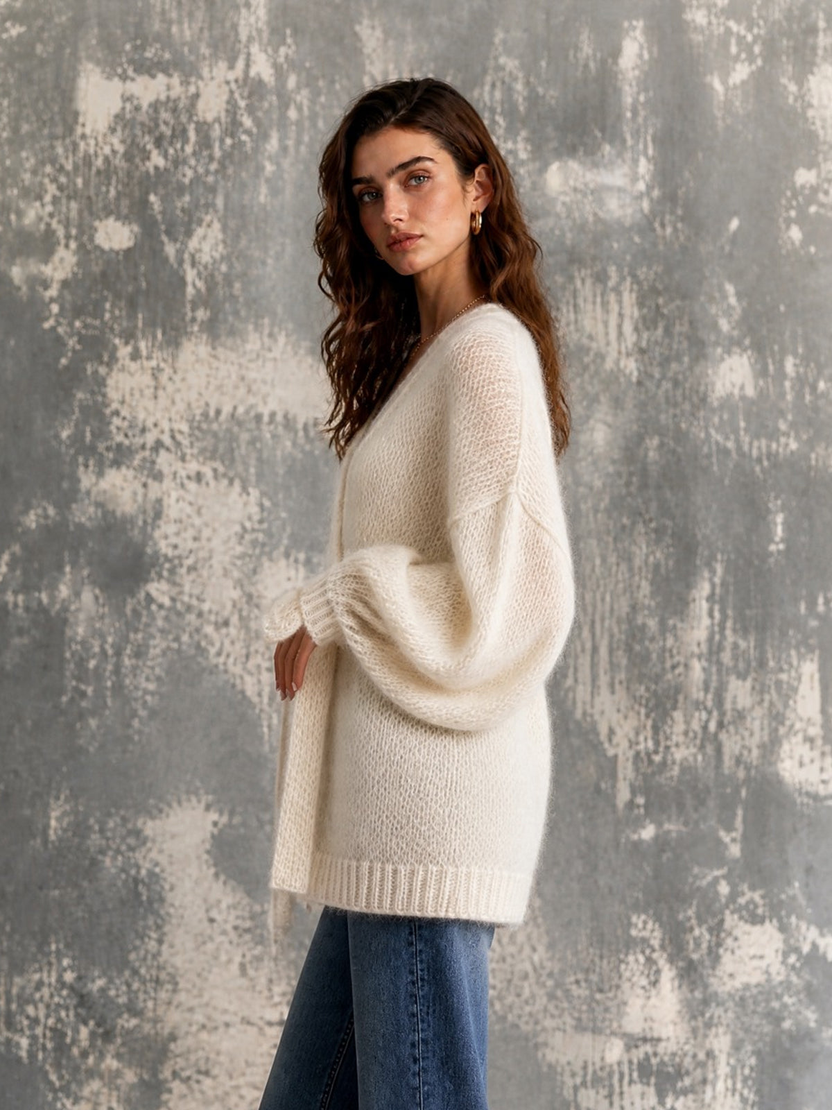 ElevenOra Chic Elegant Cream White Long‑Sleeve Open-Front Loose-Fit Belted Soft Mohair Blend Knit Cardigan