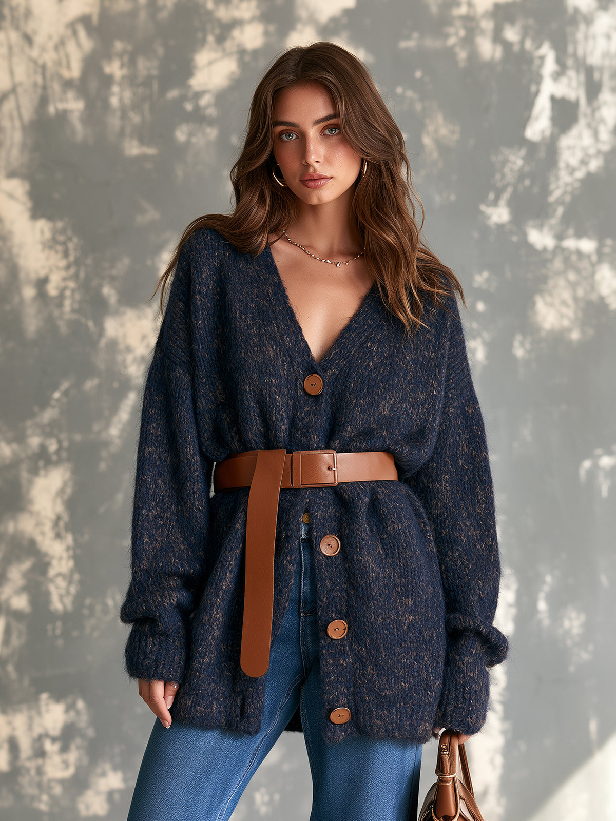 ElevenOra Chic Casual Navy Blue V-Neck Single-Breasted Dropped-Shoulder Long‑Sleeve Loose-Fit Belted Wool Blend Knit Cardigan