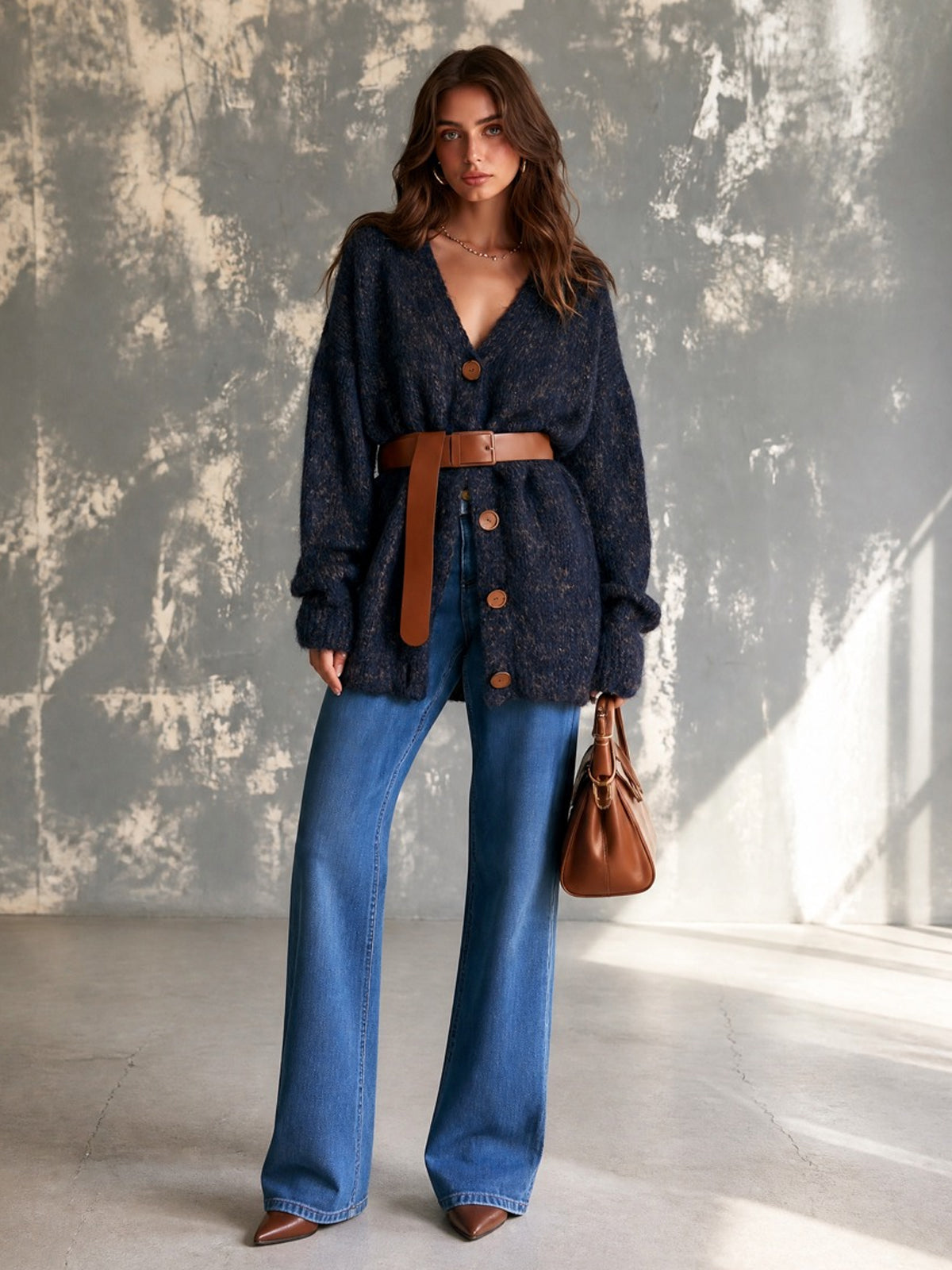 ElevenOra Chic Casual Navy Blue V-Neck Single-Breasted Dropped-Shoulder Long‑Sleeve Loose-Fit Belted Wool Blend Knit Cardigan