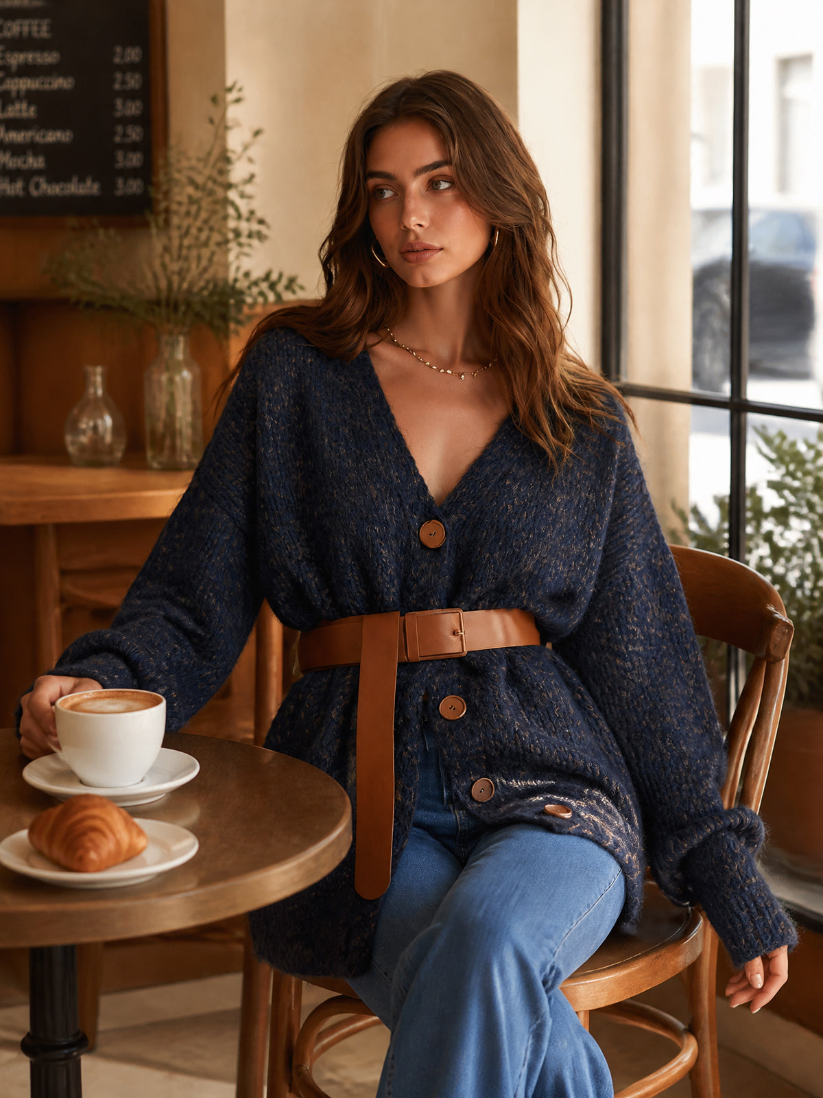 ElevenOra Chic Casual Navy Blue V-Neck Single-Breasted Dropped-Shoulder Long‑Sleeve Loose-Fit Belted Wool Blend Knit Cardigan