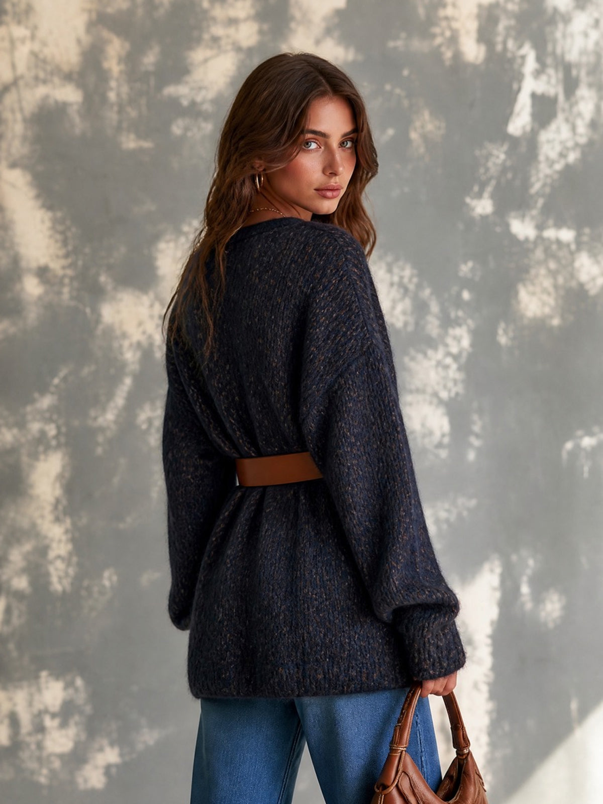 ElevenOra Chic Casual Navy Blue V-Neck Single-Breasted Dropped-Shoulder Long‑Sleeve Loose-Fit Belted Wool Blend Knit Cardigan