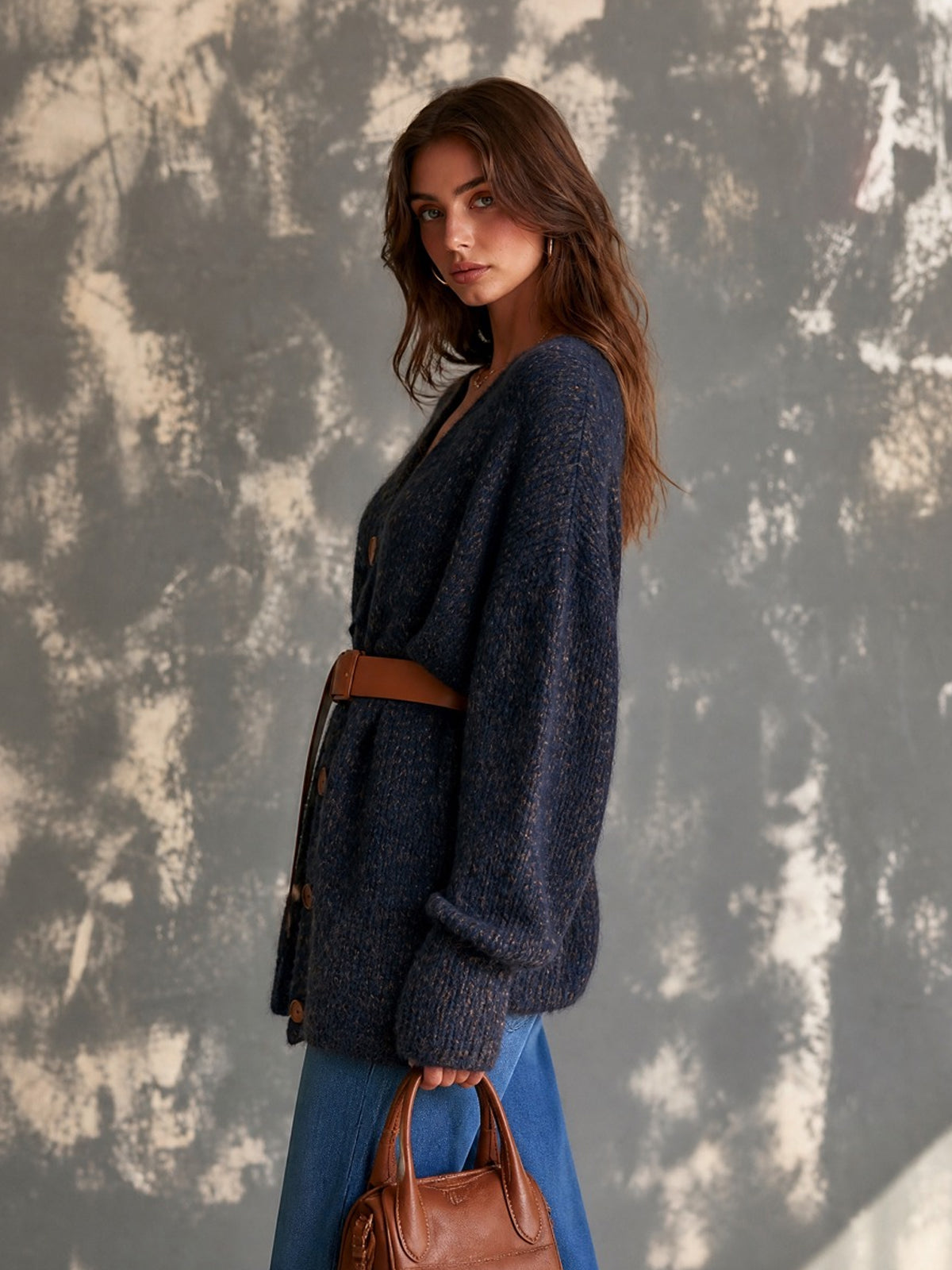 ElevenOra Chic Casual Navy Blue V-Neck Single-Breasted Dropped-Shoulder Long‑Sleeve Loose-Fit Belted Wool Blend Knit Cardigan