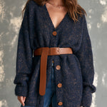 ElevenOra Chic Casual Navy Blue V-Neck Single-Breasted Dropped-Shoulder Long‑Sleeve Loose-Fit Belted Wool Blend Knit Cardigan