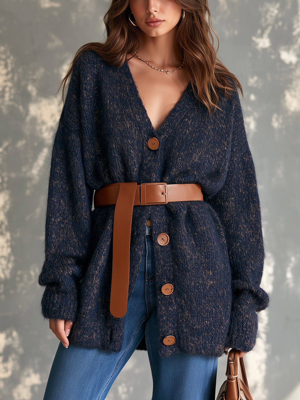 ElevenOra Chic Casual Navy Blue V-Neck Single-Breasted Dropped-Shoulder Long‑Sleeve Loose-Fit Belted Wool Blend Knit Cardigan