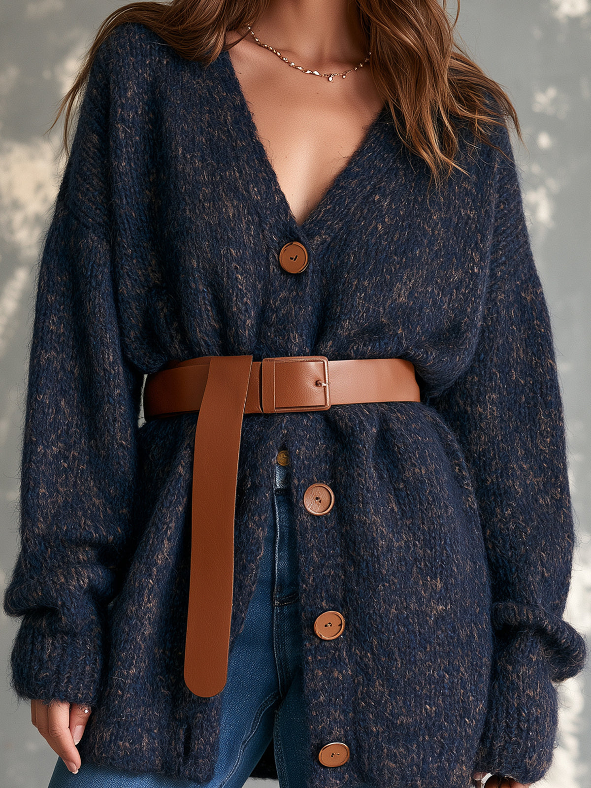 ElevenOra Chic Casual Navy Blue V-Neck Single-Breasted Dropped-Shoulder Long‑Sleeve Loose-Fit Belted Wool Blend Knit Cardigan