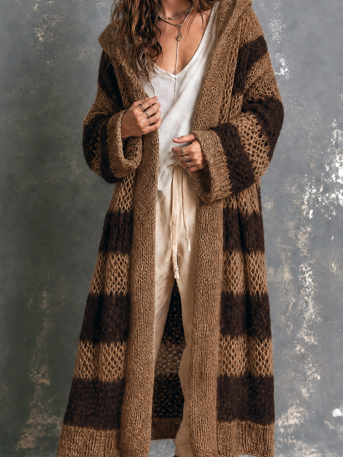 ElevenOra Chic Casual Brown-Coffee Colorblock Stripes Hooded-Collar Open-Front Long‑Sleeve Knit Oversize Mid-Length Cardigan