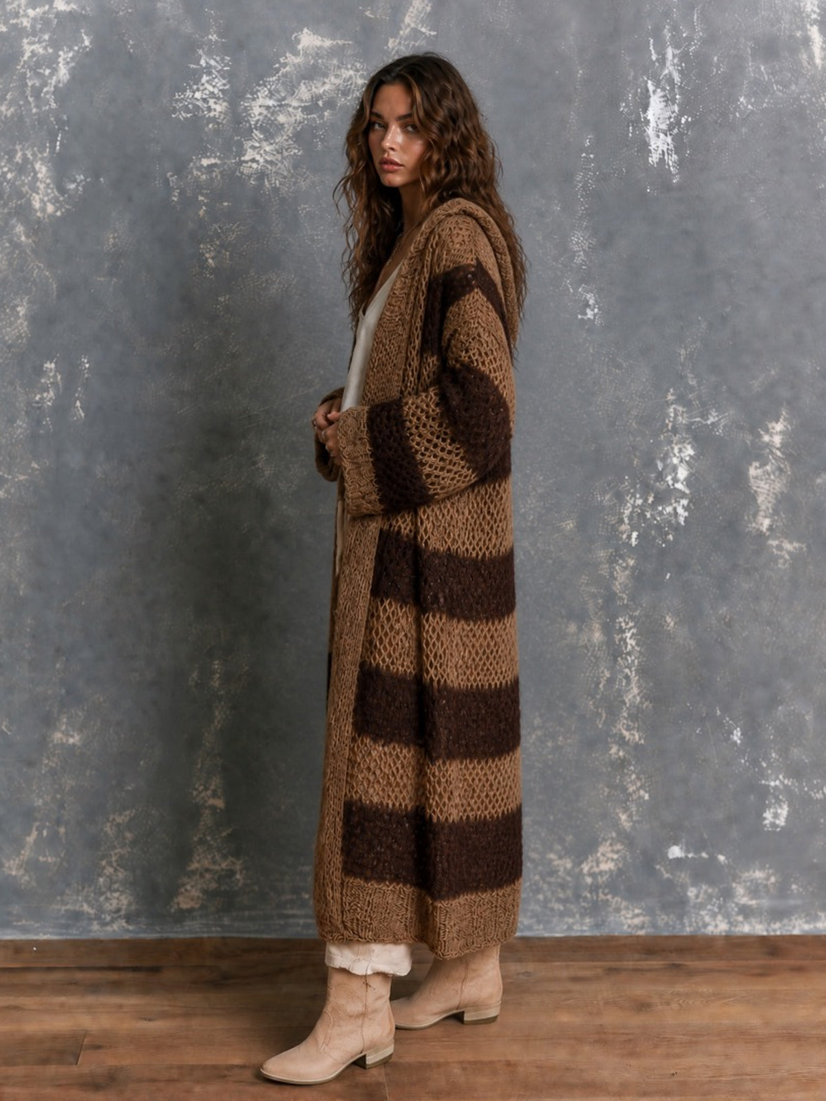 ElevenOra Chic Casual Brown-Coffee Colorblock Stripes Hooded-Collar Open-Front Long‑Sleeve Knit Oversize Mid-Length Cardigan