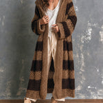 ElevenOra Chic Casual Brown-Coffee Colorblock Stripes Hooded-Collar Open-Front Long‑Sleeve Knit Oversize Mid-Length Cardigan