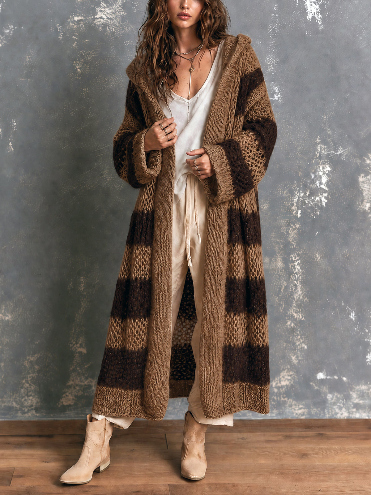 ElevenOra Chic Casual Brown-Coffee Colorblock Stripes Hooded-Collar Open-Front Long‑Sleeve Knit Oversize Mid-Length Cardigan