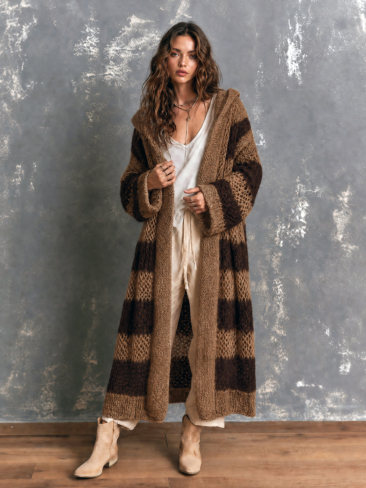 ElevenOra Chic Casual Brown-Coffee Colorblock Stripes Hooded-Collar Open-Front Long‑Sleeve Knit Oversize Mid-Length Cardigan