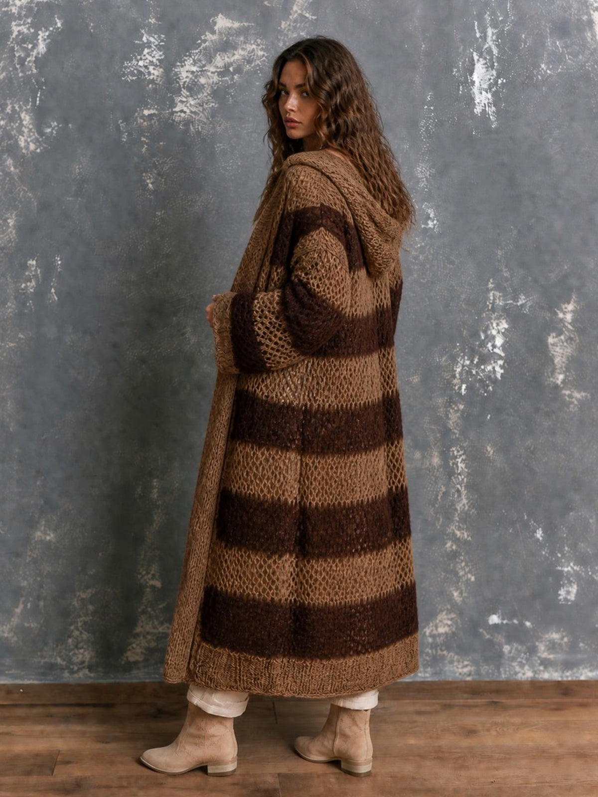 ElevenOra Chic Casual Brown-Coffee Colorblock Stripes Hooded-Collar Open-Front Long‑Sleeve Knit Oversize Mid-Length Cardigan