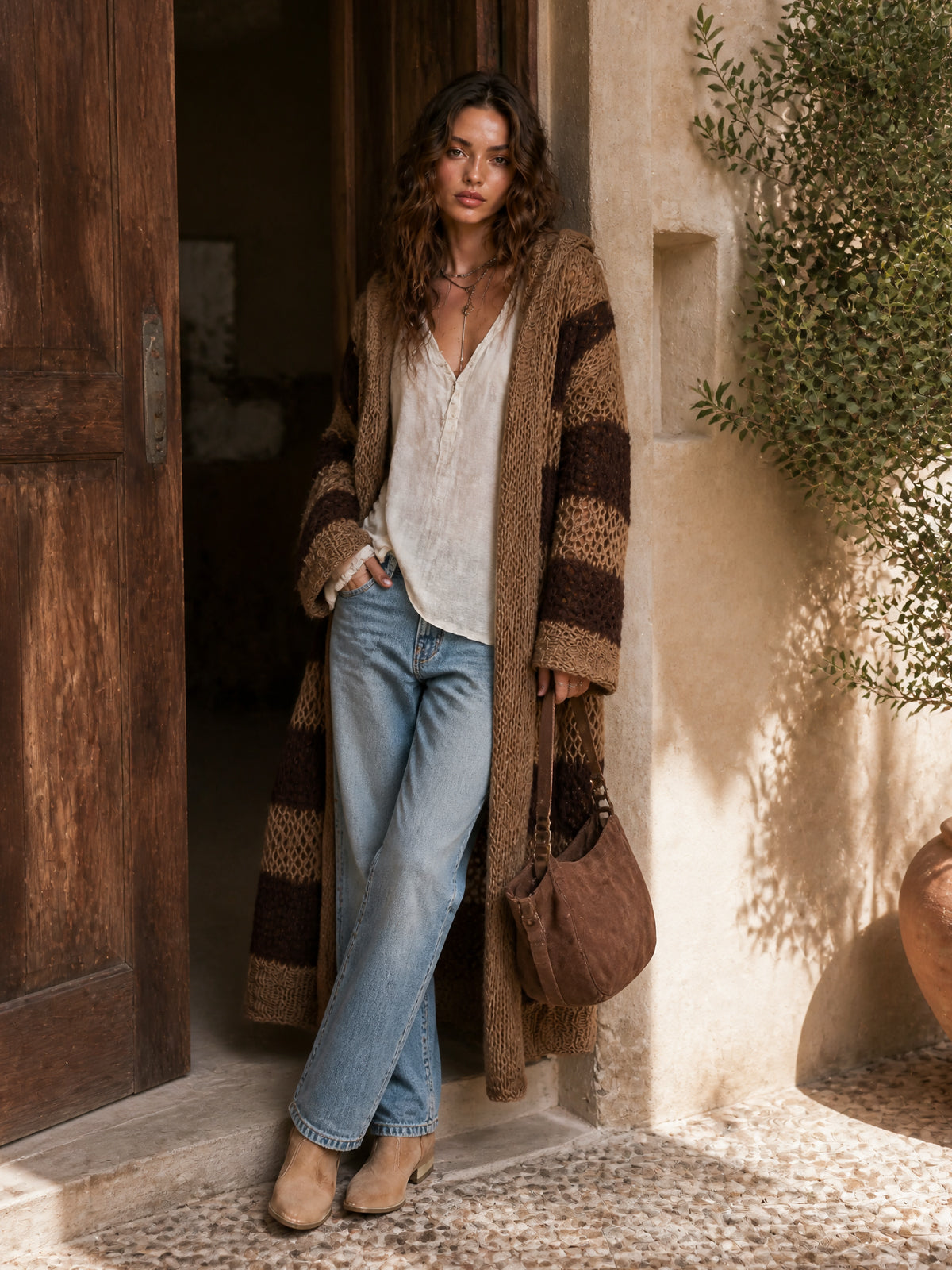ElevenOra Chic Casual Brown-Coffee Colorblock Stripes Hooded-Collar Open-Front Long‑Sleeve Knit Oversize Mid-Length Cardigan