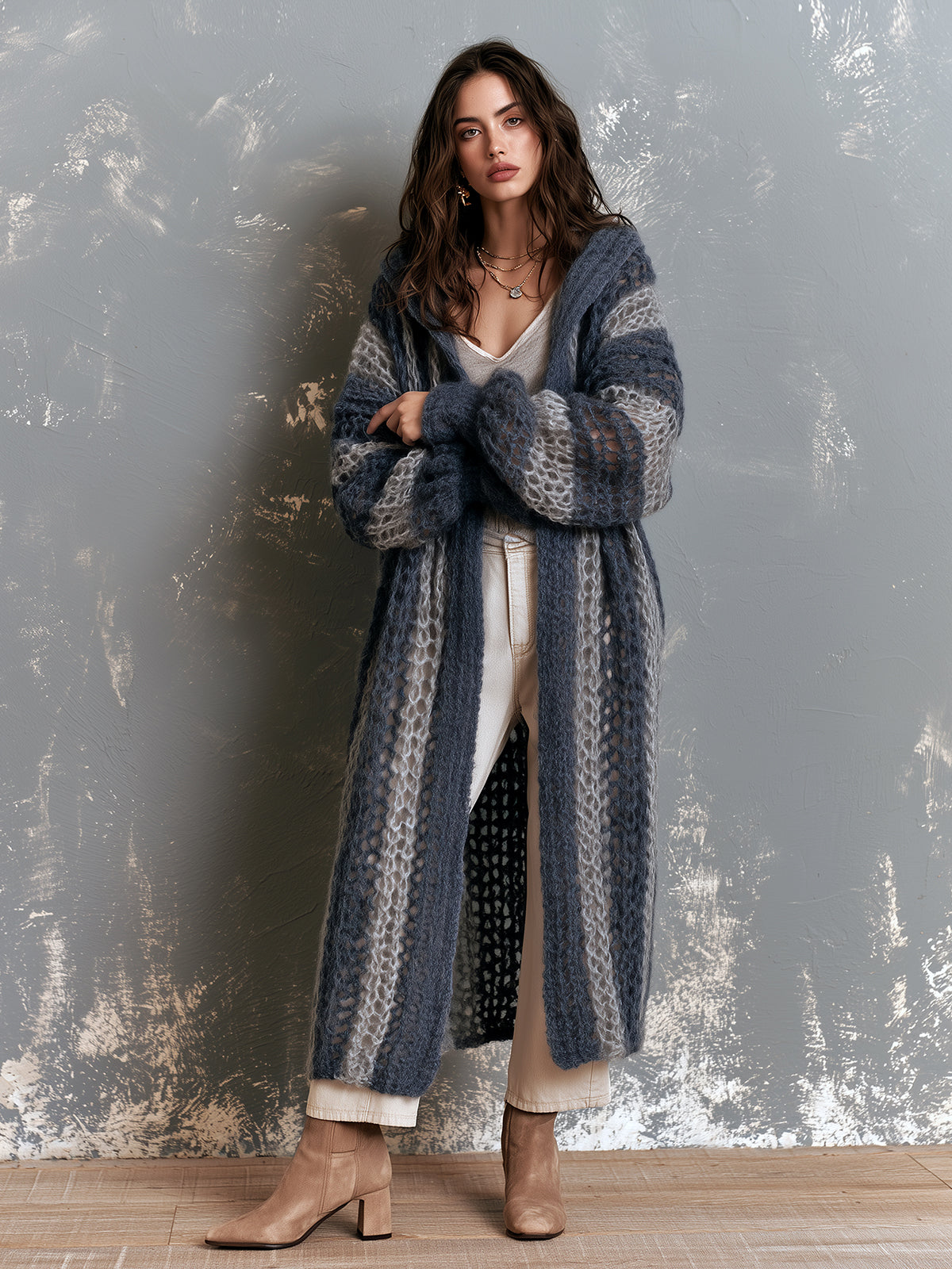 ElevenOra Chic Casual Navy-Gray Colorblock Stripes Hooded-Collar Open-Front Long‑Sleeve Mesh-Knit Oversize Mid-Length Cardigan