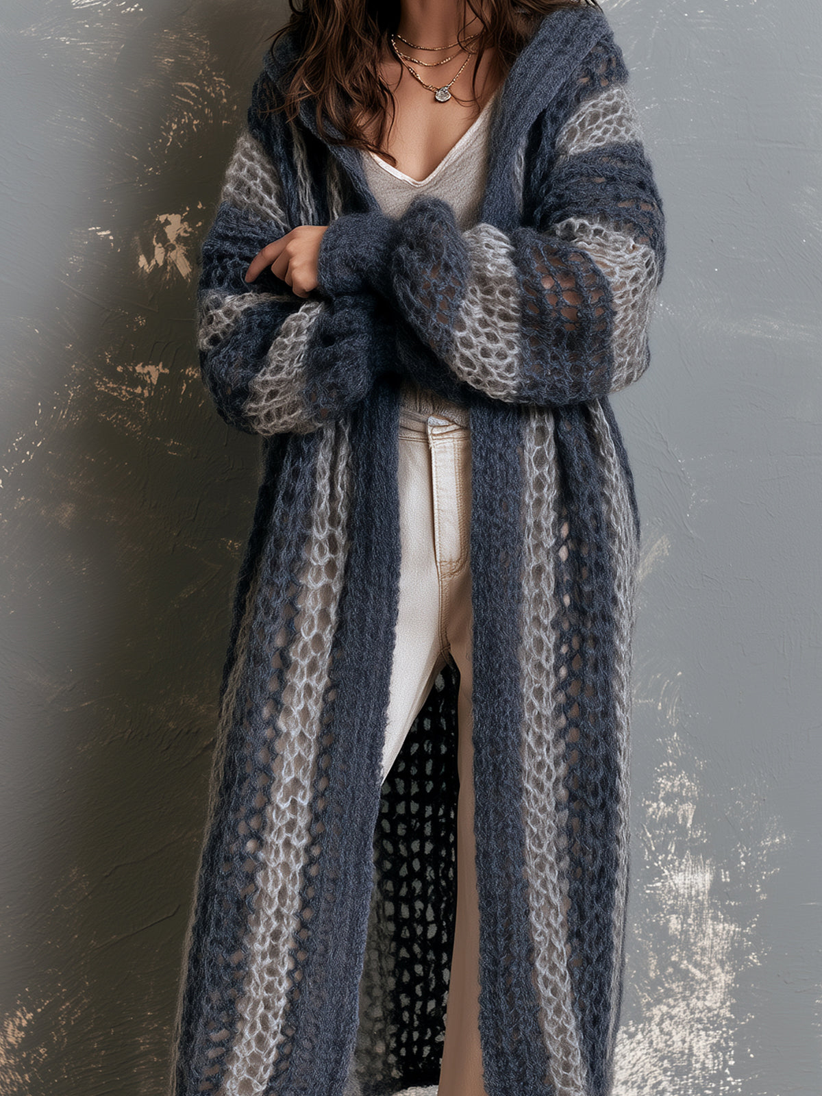 ElevenOra Chic Casual Navy-Gray Colorblock Stripes Hooded-Collar Open-Front Long‑Sleeve Mesh-Knit Oversize Mid-Length Cardigan