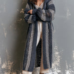 ElevenOra Chic Casual Navy-Gray Colorblock Stripes Hooded-Collar Open-Front Long‑Sleeve Mesh-Knit Oversize Mid-Length Cardigan