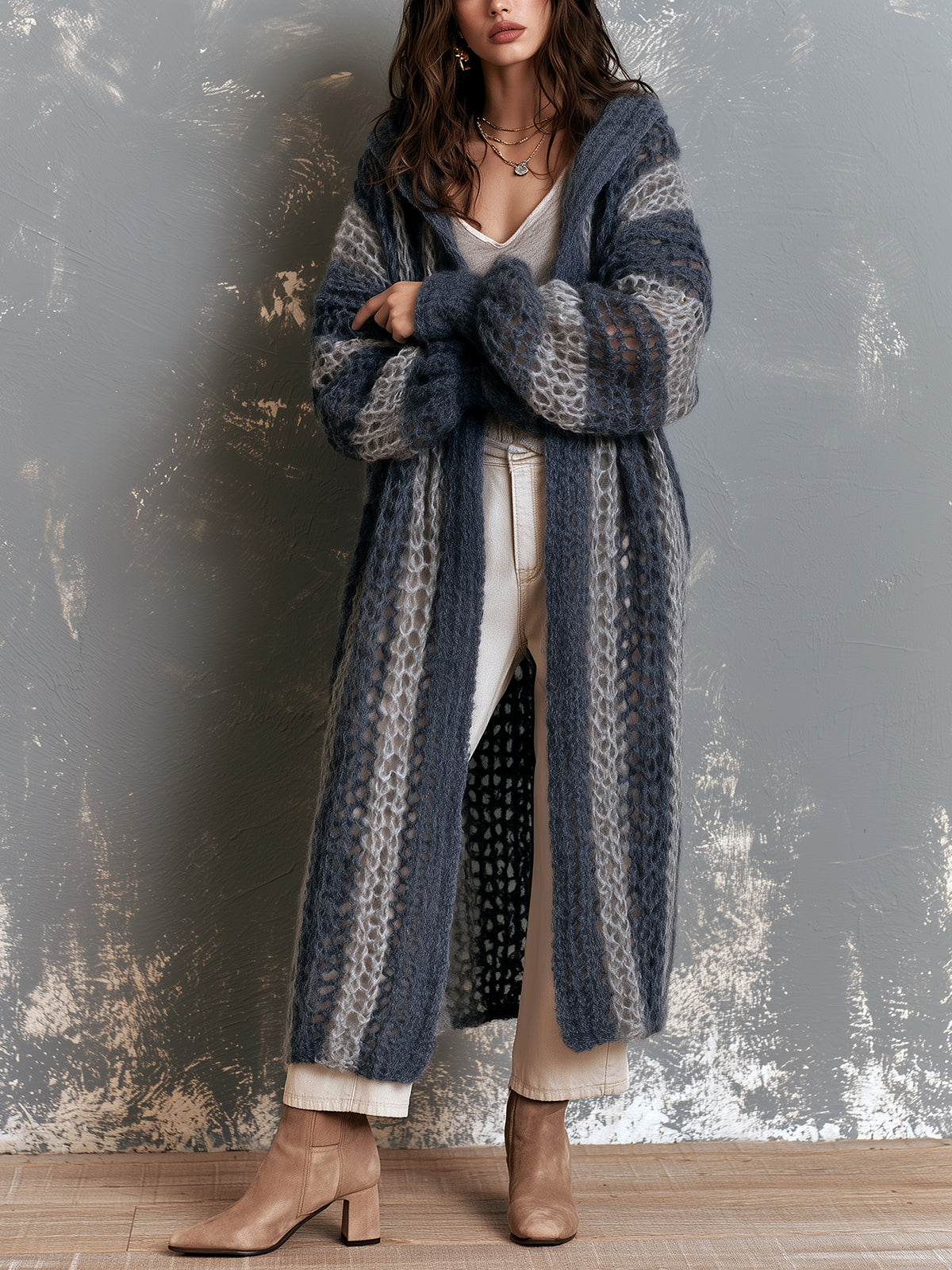 ElevenOra Chic Casual Navy-Gray Colorblock Stripes Hooded-Collar Open-Front Long‑Sleeve Mesh-Knit Oversize Mid-Length Cardigan