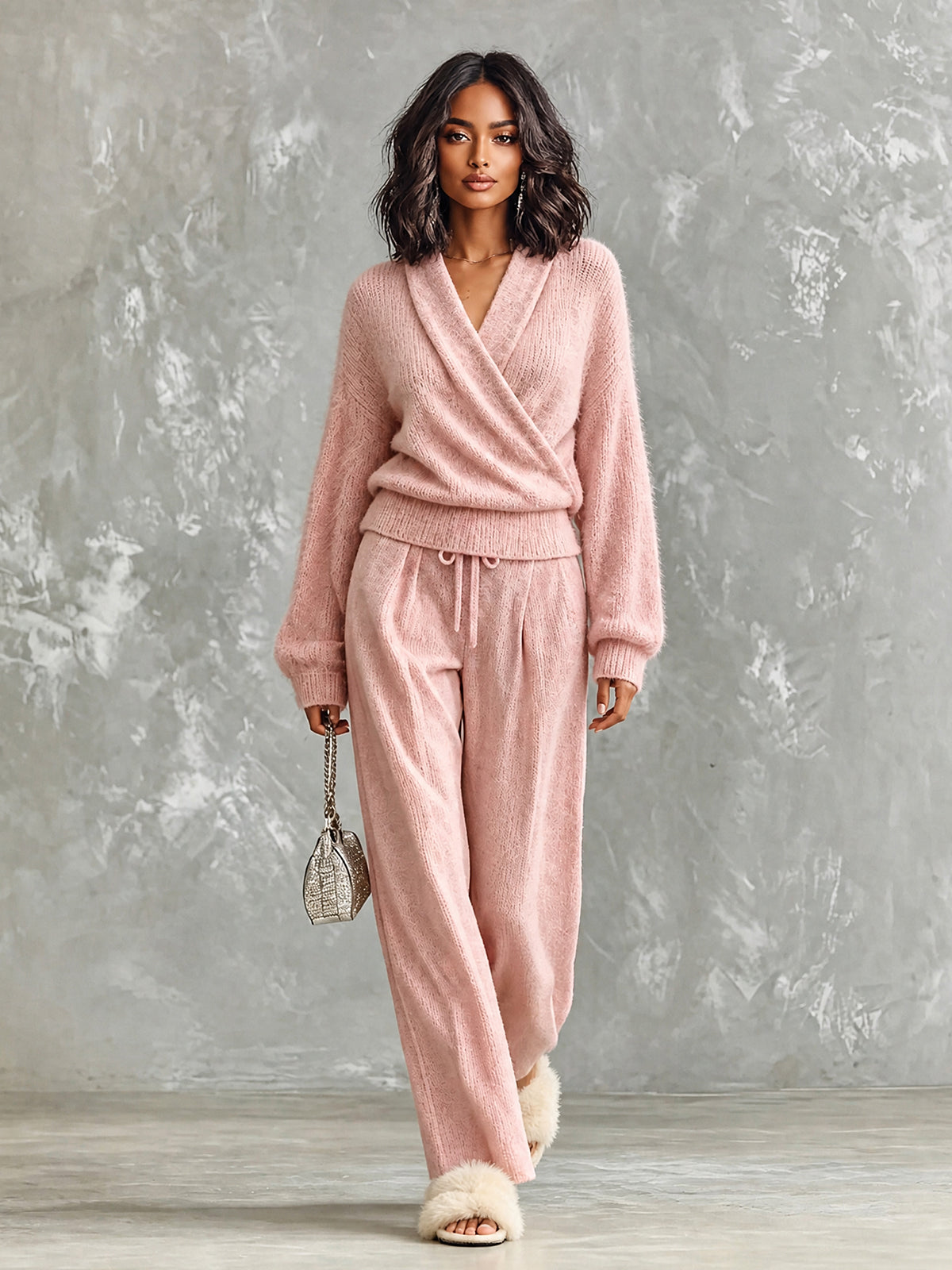ElevenOra Chic Casual Pink V-Neck Cross-Front Long‑Sleeve Sweater Drawstring-Waist Straight Pants Wool Blend Knit Loose-Fit Two-Piece Set