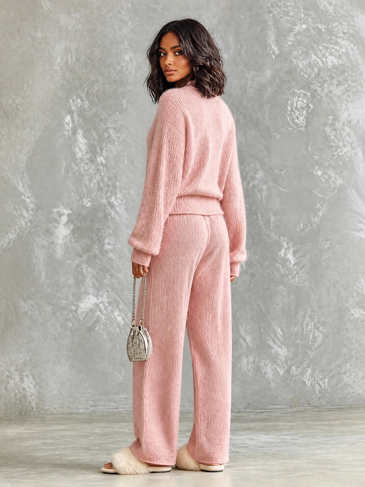 ElevenOra Chic Casual Pink V-Neck Cross-Front Long‑Sleeve Sweater Drawstring-Waist Straight Pants Wool Blend Knit Loose-Fit Two-Piece Set