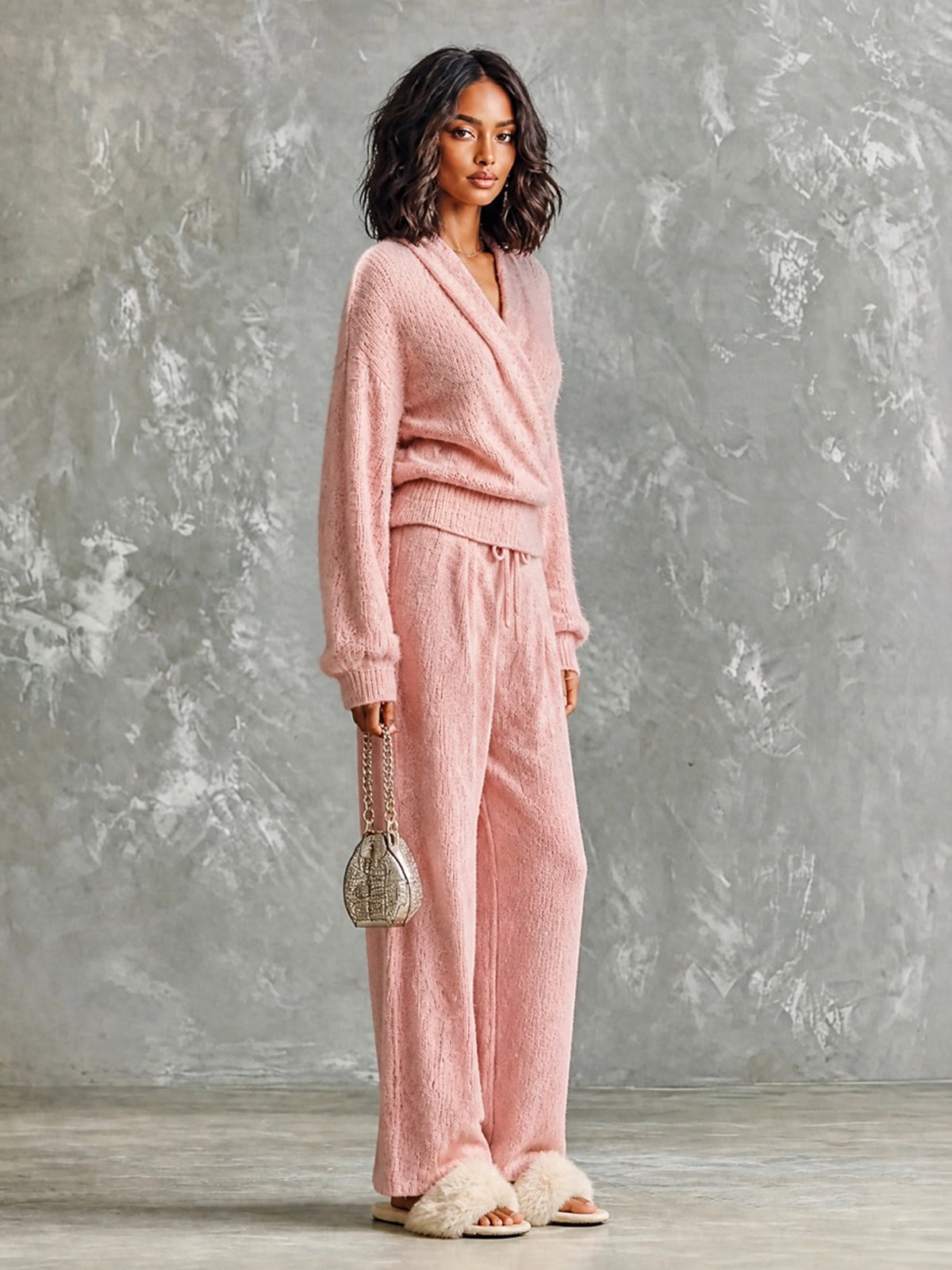 ElevenOra Chic Casual Pink V-Neck Cross-Front Long‑Sleeve Sweater Drawstring-Waist Straight Pants Wool Blend Knit Loose-Fit Two-Piece Set