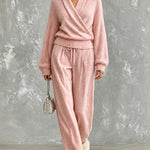 ElevenOra Chic Casual Pink V-Neck Cross-Front Long‑Sleeve Sweater Drawstring-Waist Straight Pants Wool Blend Knit Loose-Fit Two-Piece Set
