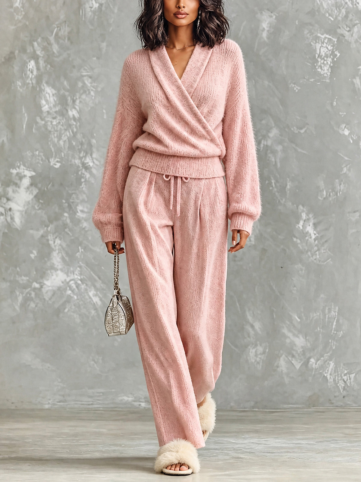 ElevenOra Chic Casual Pink V-Neck Cross-Front Long‑Sleeve Sweater Drawstring-Waist Straight Pants Wool Blend Knit Loose-Fit Two-Piece Set