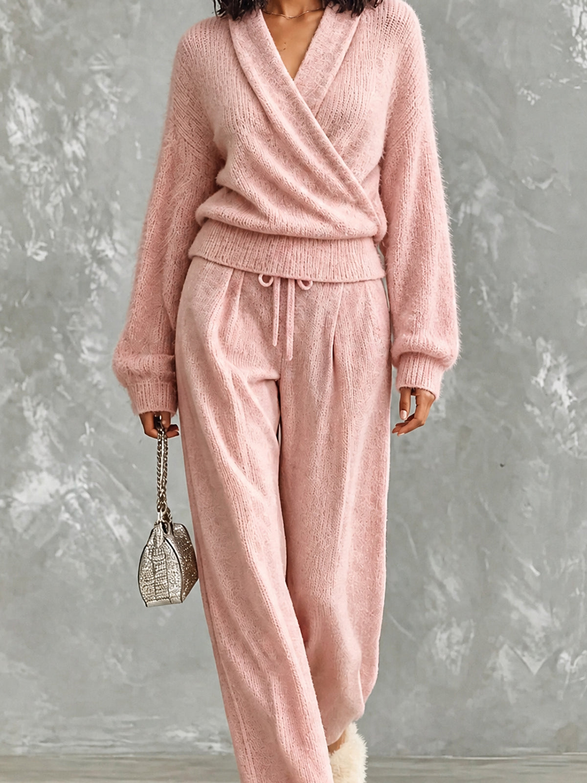 ElevenOra Chic Casual Pink V-Neck Cross-Front Long‑Sleeve Sweater Drawstring-Waist Straight Pants Wool Blend Knit Loose-Fit Two-Piece Set