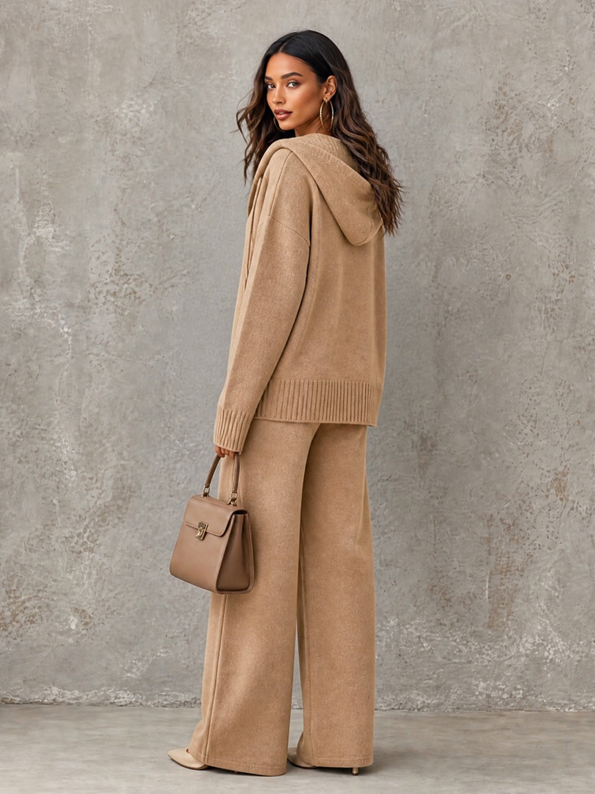 ElevenOra Chic Elegant Camel Hooded-Collar Zipper-Front Long‑Sleeve Cardigan Jacket Elastic-Waist Straight Pants Wool Blend Knit Loose-Fit Two-Piece Set