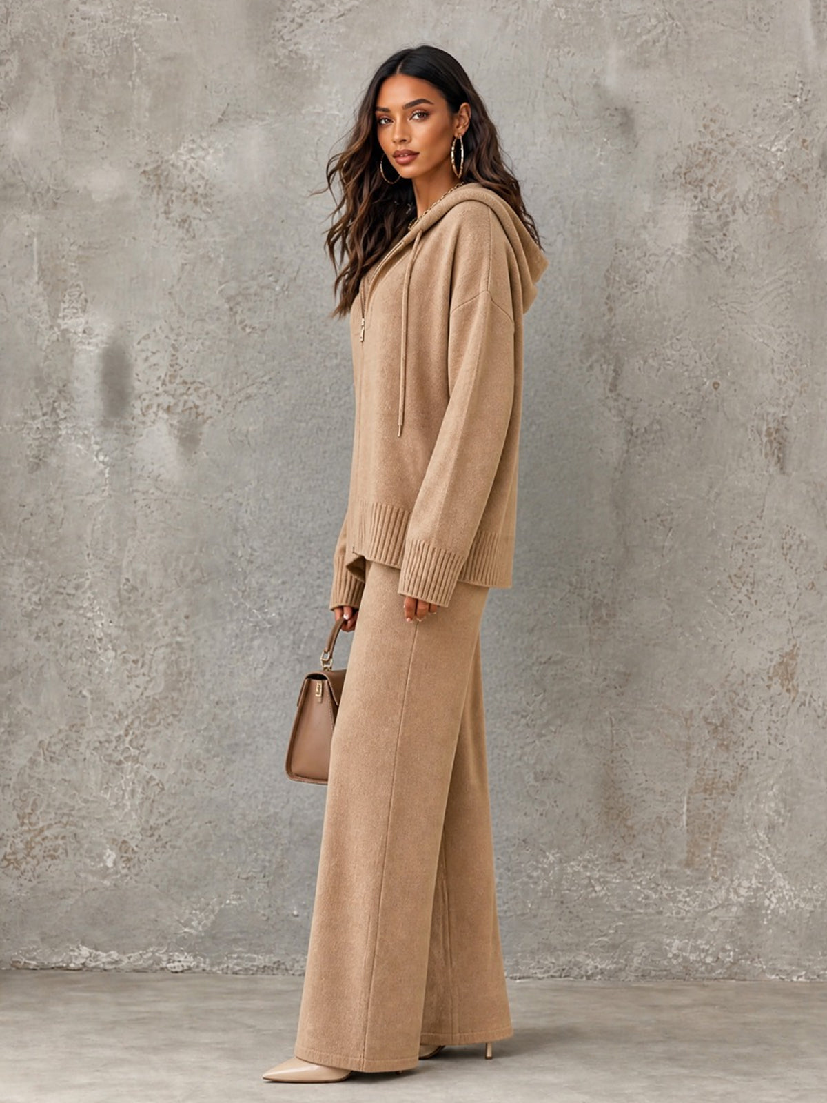 ElevenOra Chic Elegant Camel Hooded-Collar Zipper-Front Long‑Sleeve Cardigan Jacket Elastic-Waist Straight Pants Wool Blend Knit Loose-Fit Two-Piece Set