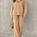 ElevenOra Chic Elegant Camel Hooded-Collar Zipper-Front Long‑Sleeve Cardigan Jacket Elastic-Waist Straight Pants Wool Blend Knit Loose-Fit Two-Piece Set