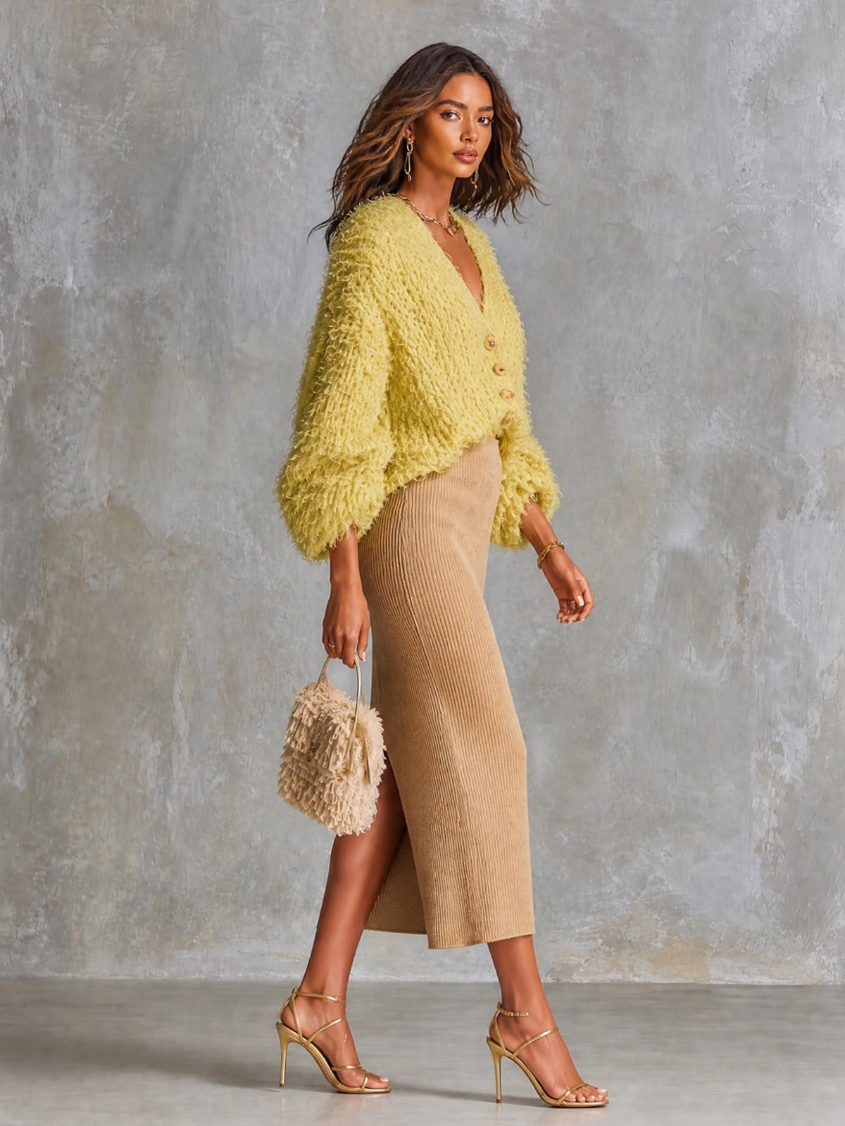 ElevenOra Chic Elegant Yellow V-Neck Single-Breasted Three-Quarter‑Sleeve Loose-Fit Cardigan Camel Bodycon Midi Skirt Knit Two-Piece Set